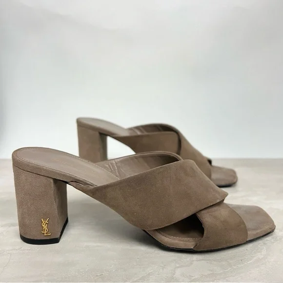 Saint Laurent Loulou 70 Mules Suede Heeled Sandals Mocha Brown Heels EU 37 $795 - Picture 2 of 13